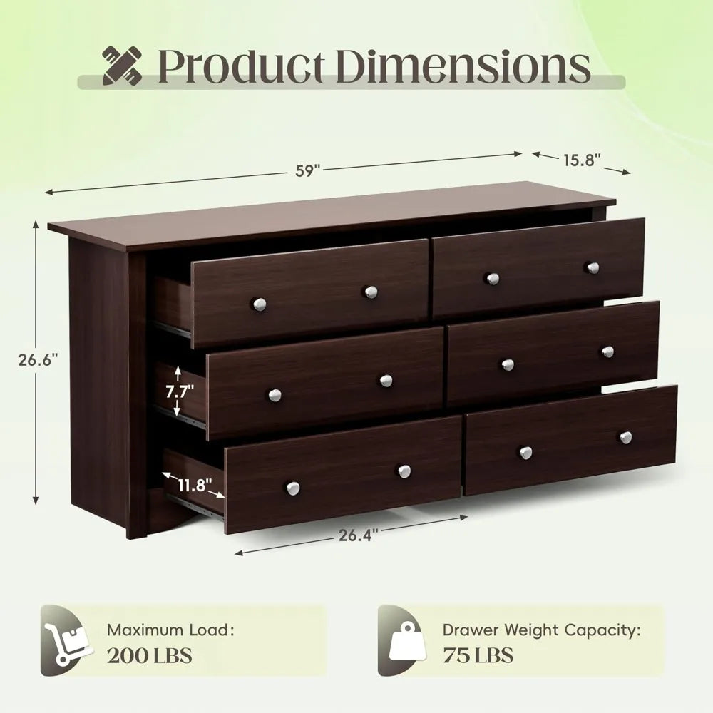Six Drawer Dresser For Bedroom With Modern Design Storage