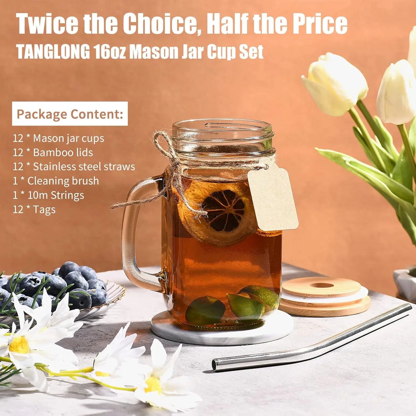 Mason Jars With Handle Glass Cups With Lids And Straws Set Of 12