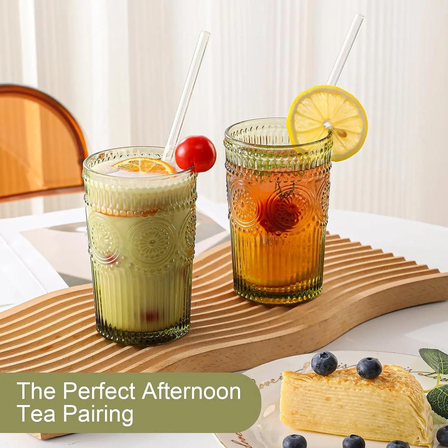 Vintage Textured Flower Glass Tumblers Set of 6 for Water and Cocktails