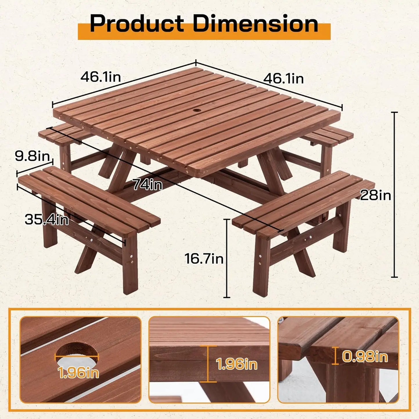 Wood Picnic Table Bench Set For Outdoor Patio Dining