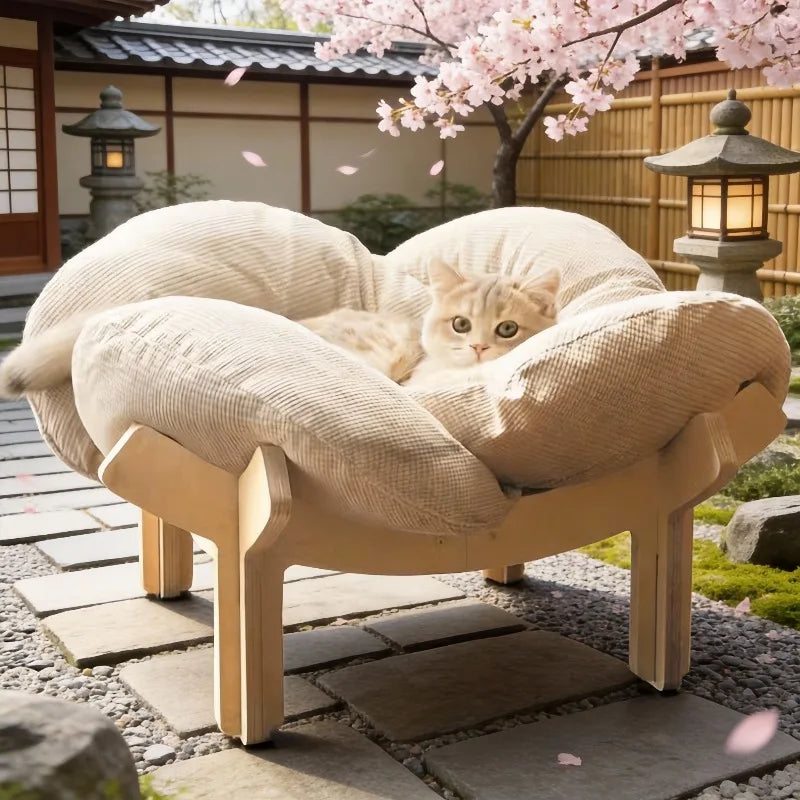 Wooden High Leg Cat Bed With Soft Cushion For Cats And Small Dogs