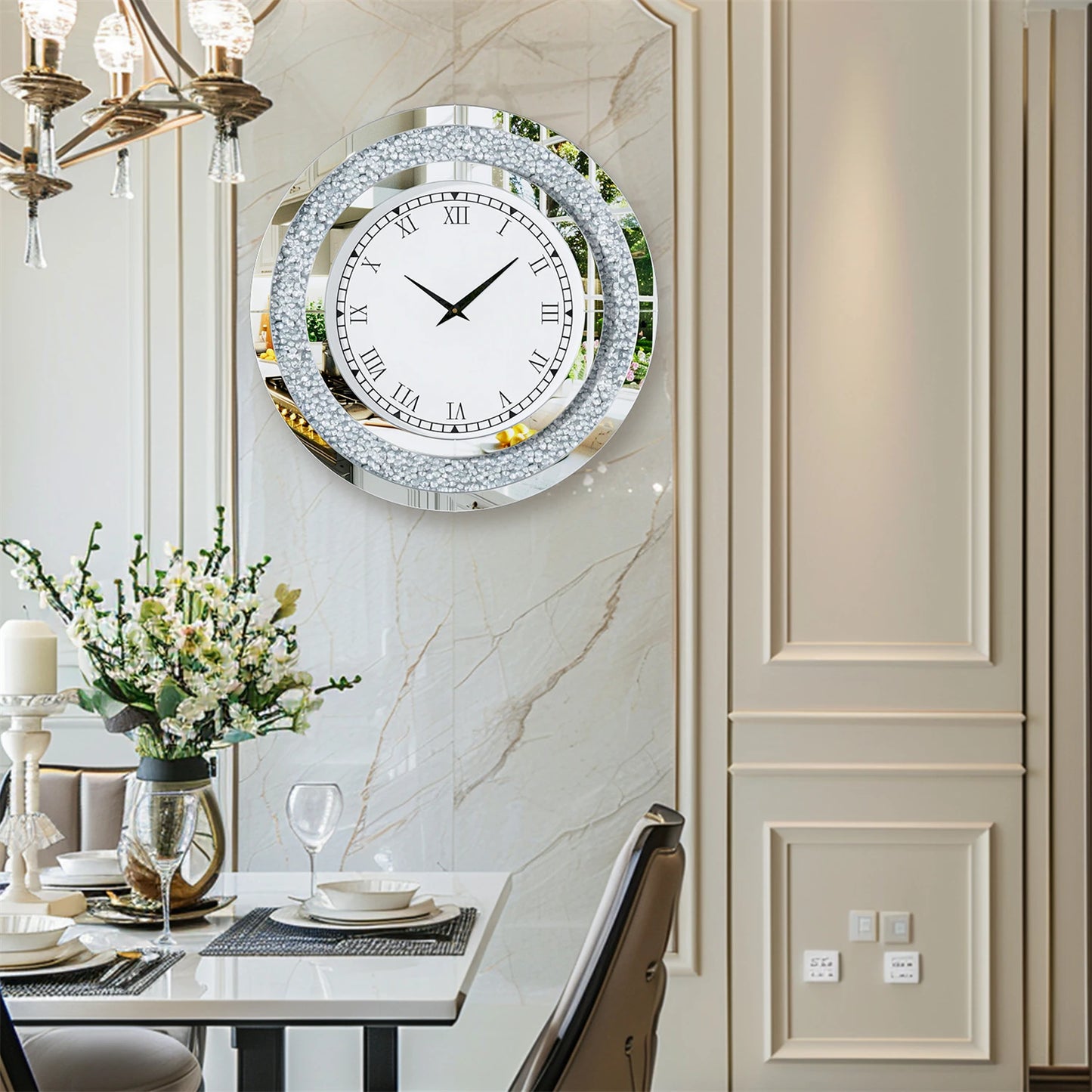 Round Mirror Clock With Crystal Sparkle Mirrored Wall Decoration