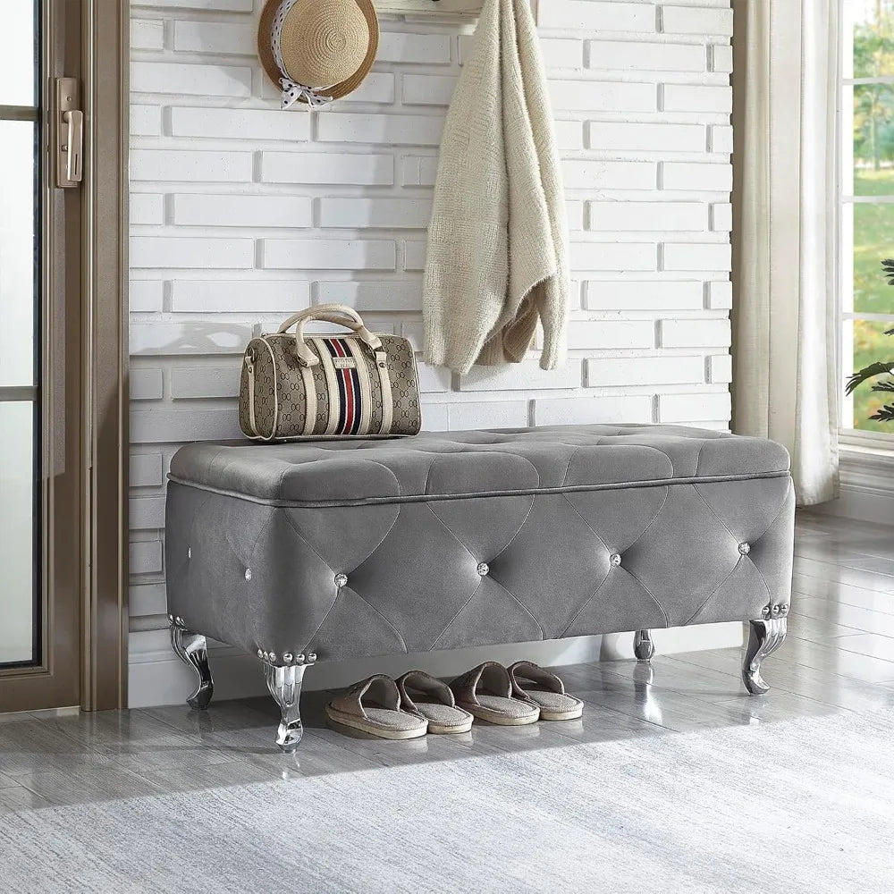 Velvet Storage Ottoman Bench Set With Two Ottomans