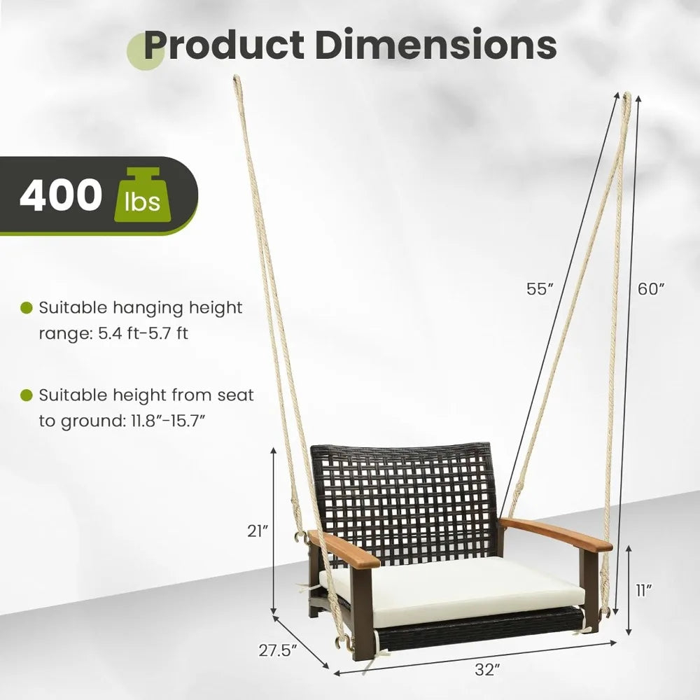 Rattan Porch Swing Chair With Cushion Acacia Wood Armrests Metal Frame Outdoor