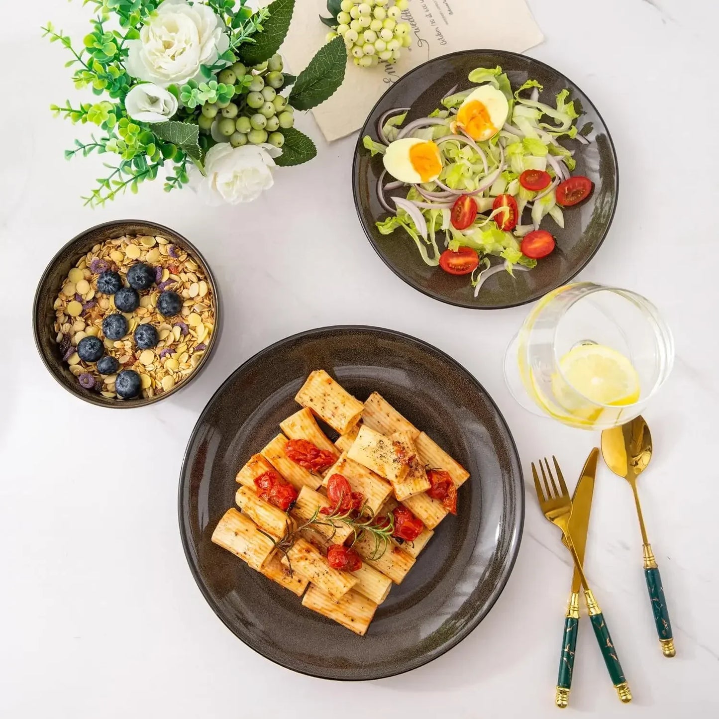 Ceramic Dinnerware Set For Eight With Stoneware Plates And Bowls