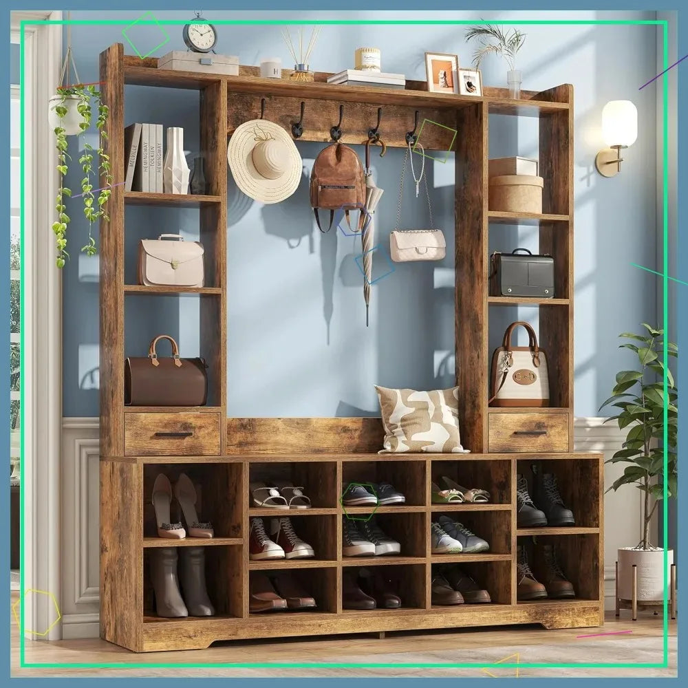 Hall Tree With Bench And Shoe Storage Organizer For Entryway