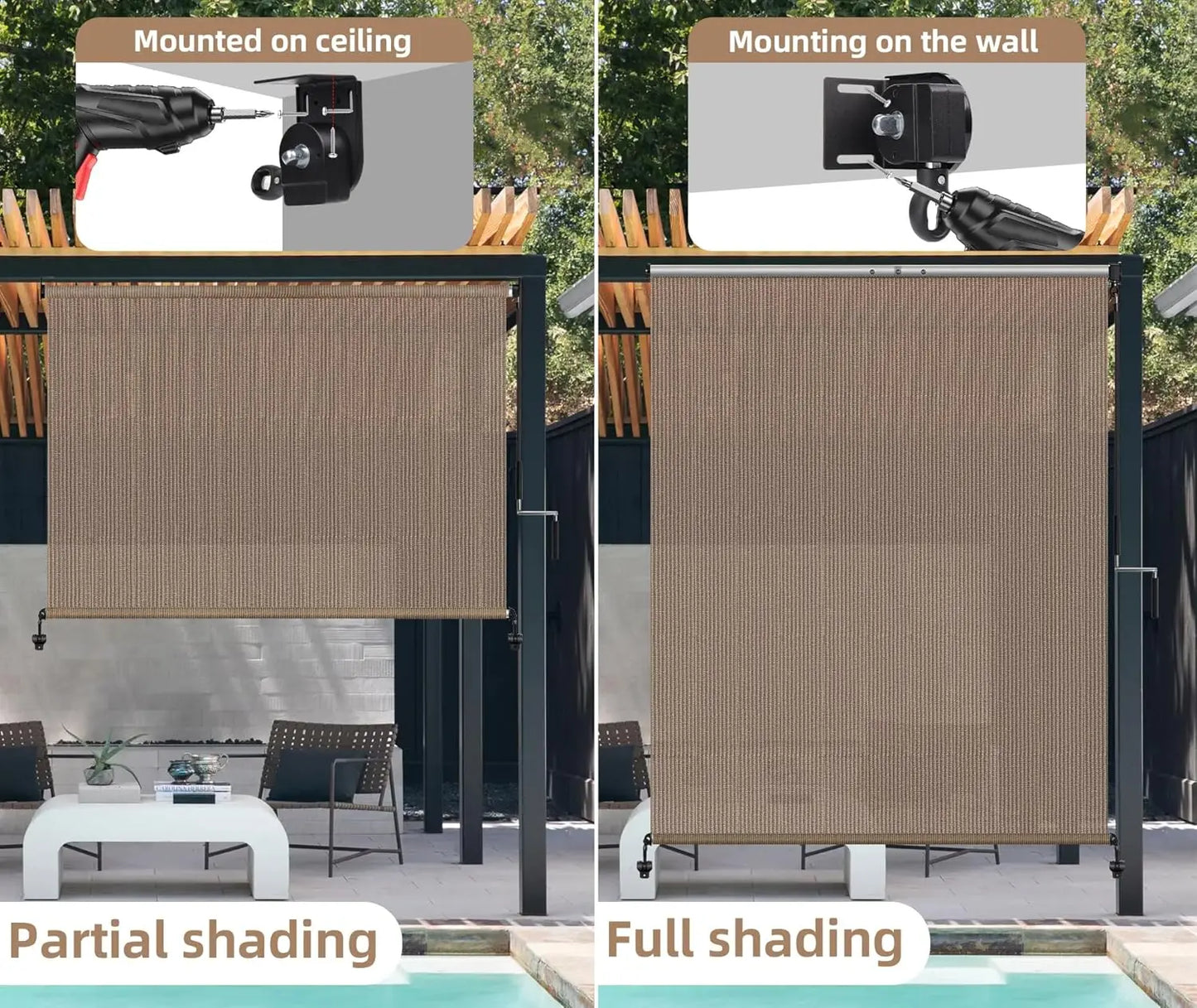Cordless Outdoor Roller Shade UV Blocking Privacy Screen