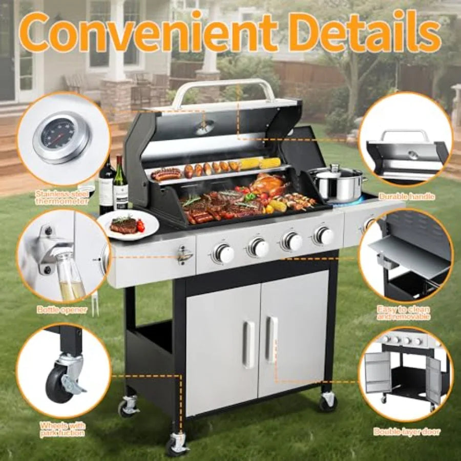 Four Burner Propane Gas BBQ Grill With Side Burner Stainless