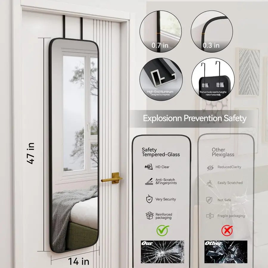 Mirror Rectangle Full Body Door Hanging Wall Mounted Aluminum Frame