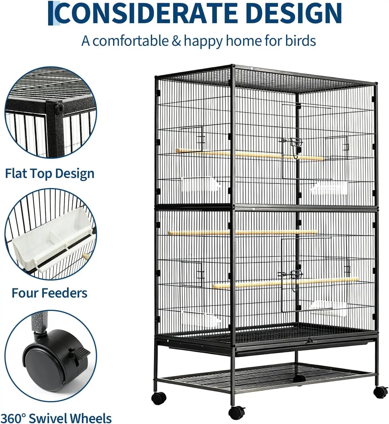 HiMISS Bird Cage With Rolling Storage Stands And Feed Bowls