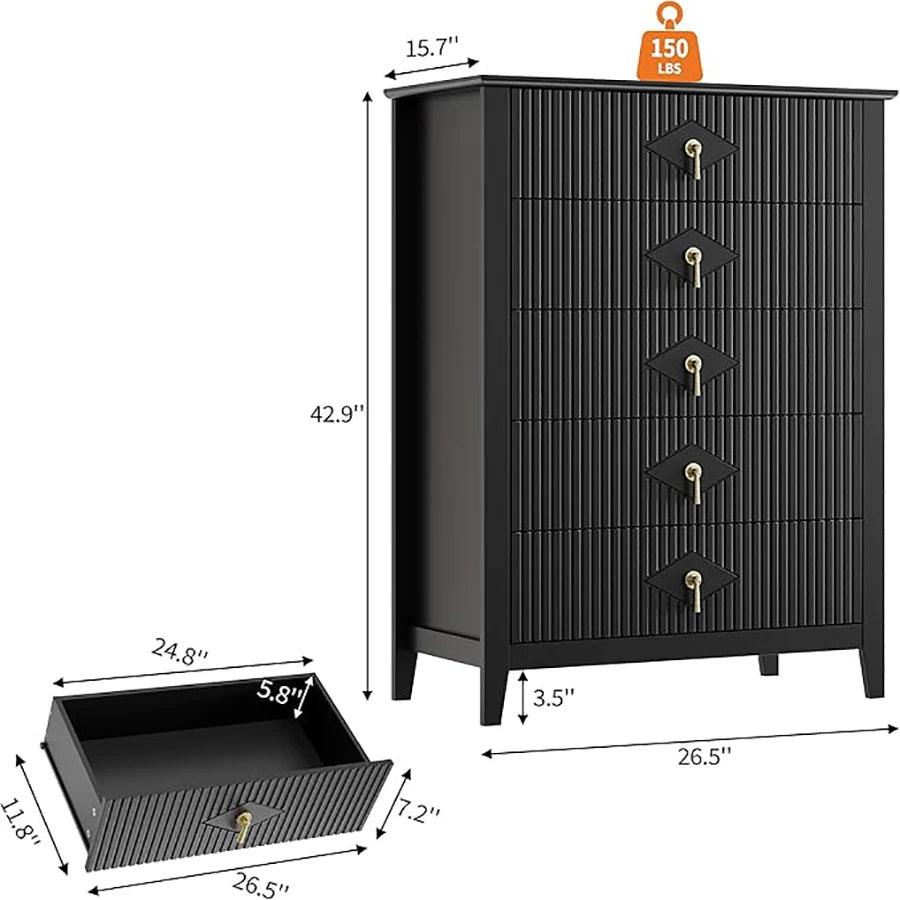 HiMISS Fluted Five Drawer Dresser Modern Wood Chest