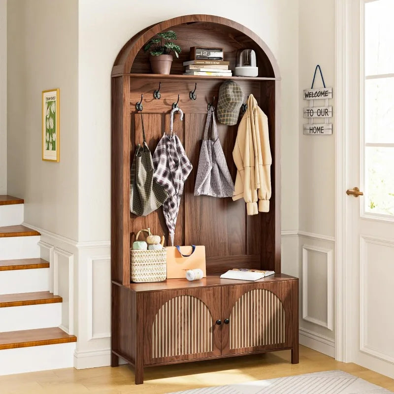 Hall Tree With Bench Coat Rack 7 Hooks Adjustable Shelves