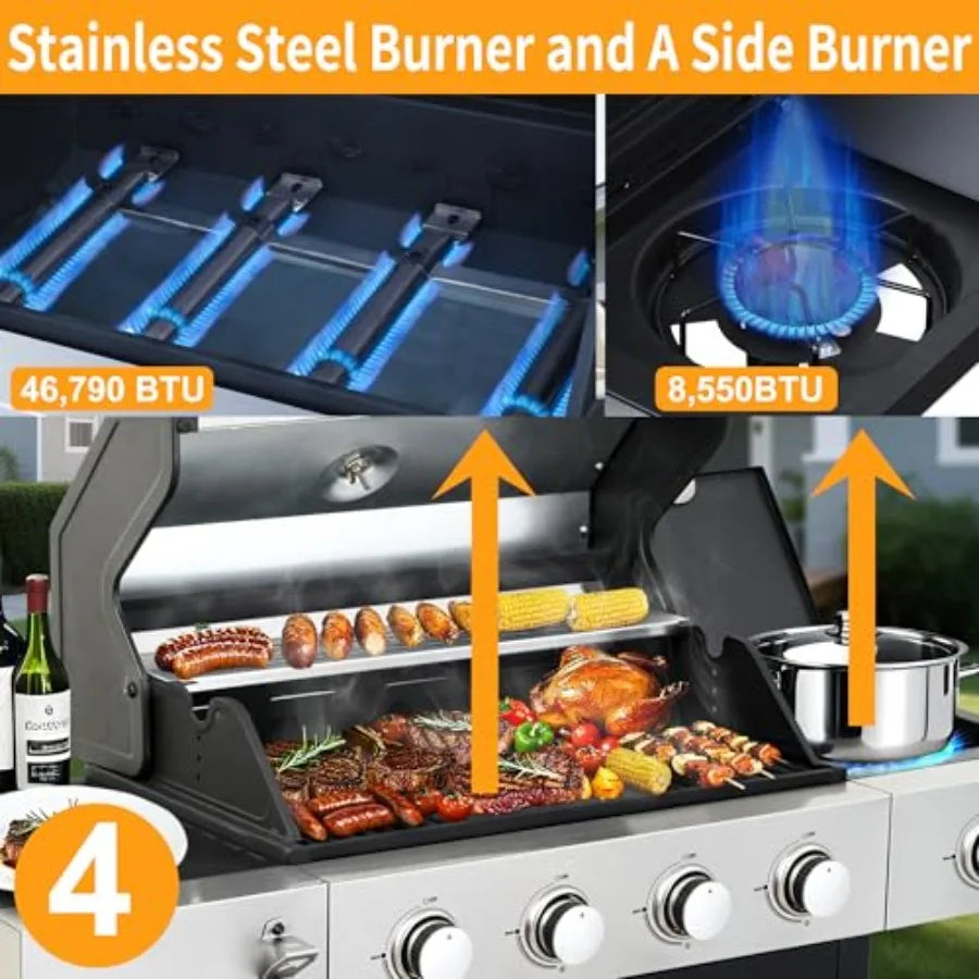 Four Burner Propane Gas BBQ Grill With Side Burner Stainless
