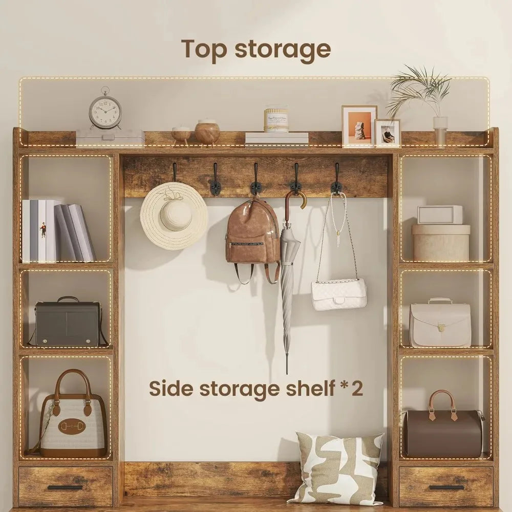 Hall Tree With Bench And Shoe Storage Organizer For Entryway