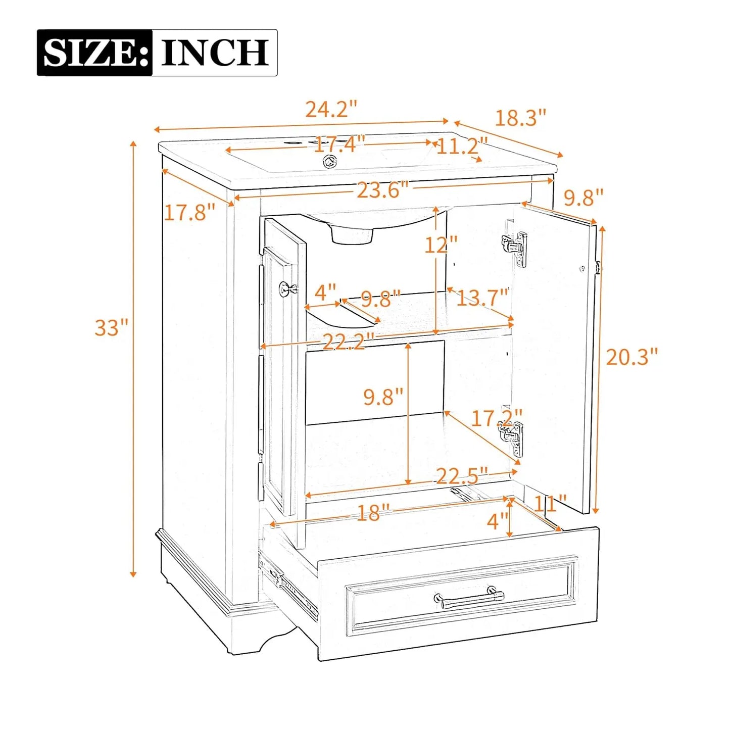 Wood Bathroom Vanity Cabinet With Ceramic Sink And Adjustable Shelf