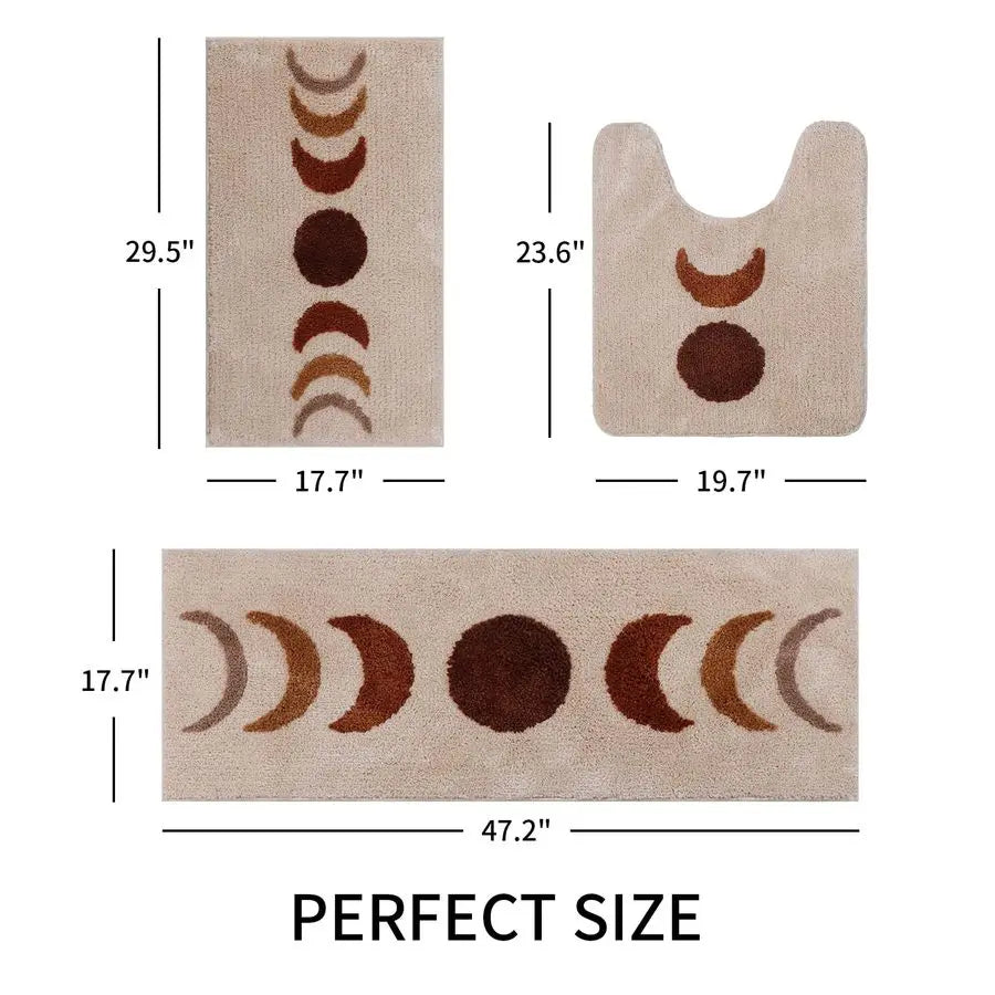 Boho 3-Piece Bath Rug Set Non-Slip Microfiber Moon Phases