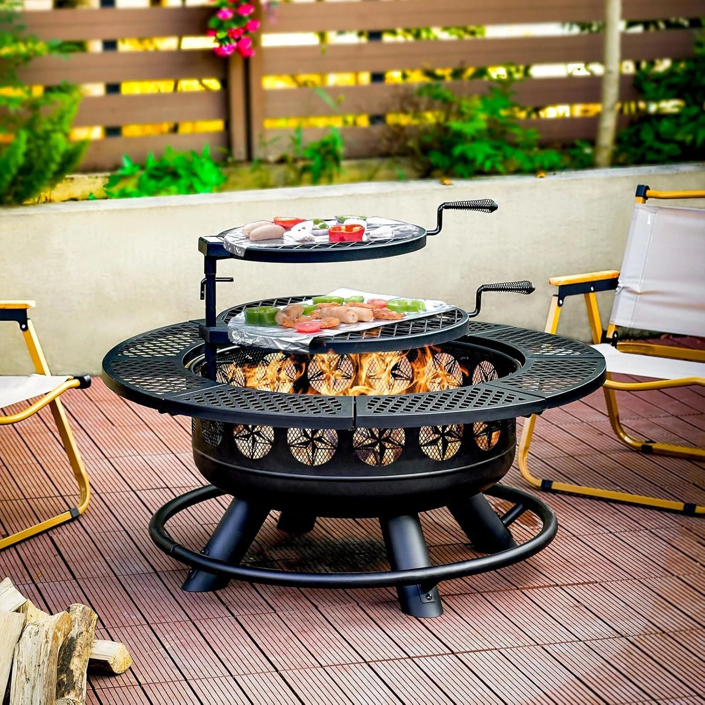 3 In 1 Outdoor Wood Burning Fire Pit With Grills And Lid For Backyard Barbecue