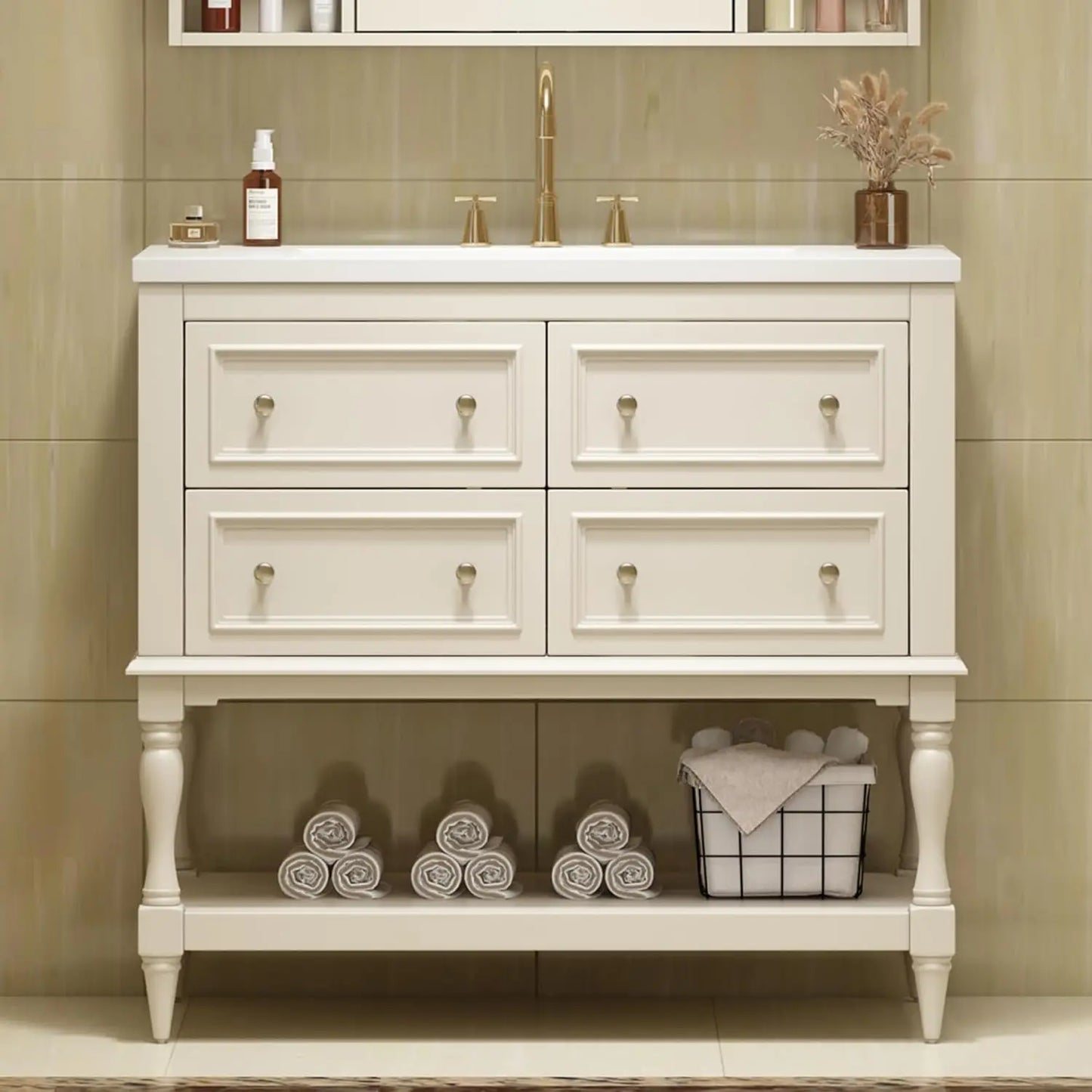 Farmhouse Bathroom Vanity With Sink Four Drawers And Open Shelf