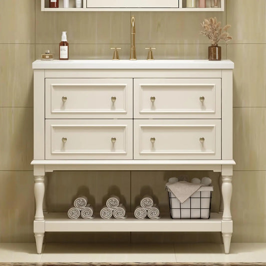 Farmhouse Bathroom Vanity With Sink Four Drawers And Open Shelf