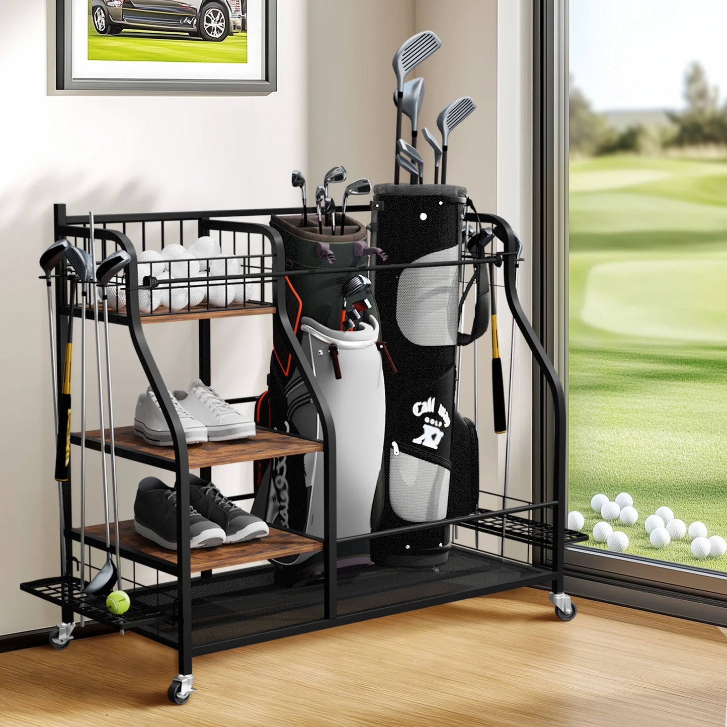 Metal Rolling Golf Bags Storage Rack With Wheels Organizer