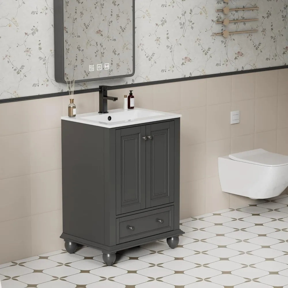 Retro Oak Bathroom Vanity Sink Combo With Gourd Legs