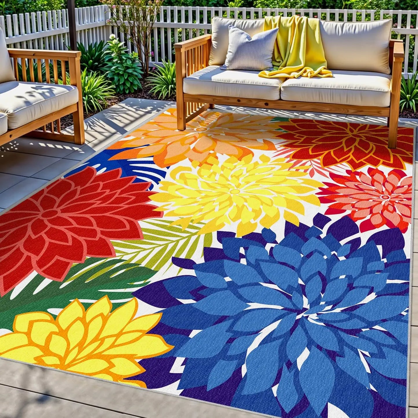 Outdoor Washable Rug With Floral Pattern Non Slip Backing