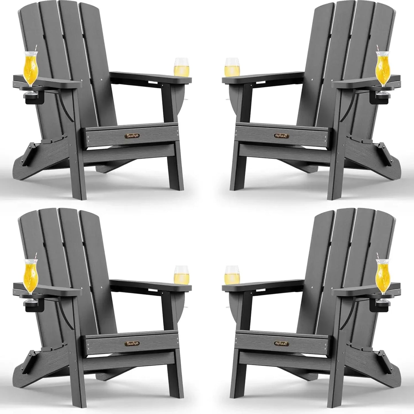 Folding Adirondack Chairs 4 Pack All Weather HDPE With Cupholders