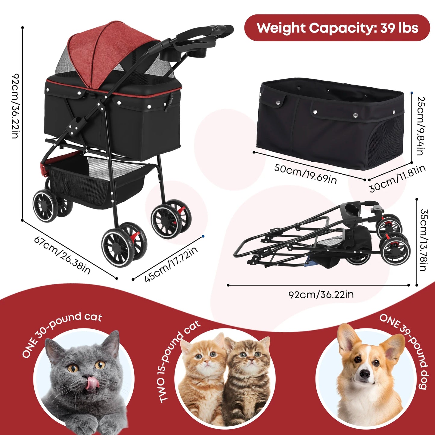 Chihuahua Foldable Pet Stroller for Cats and Dogs Three Wheels