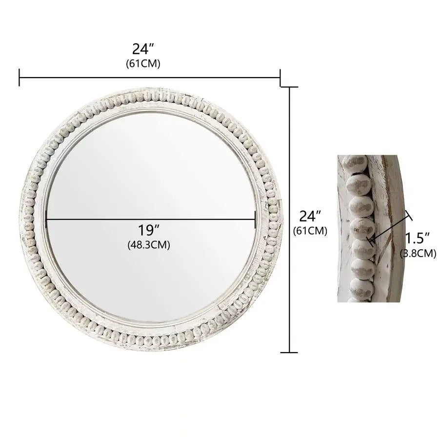 Round Beaded Wood Wall Mirror for Living Room and Entryway