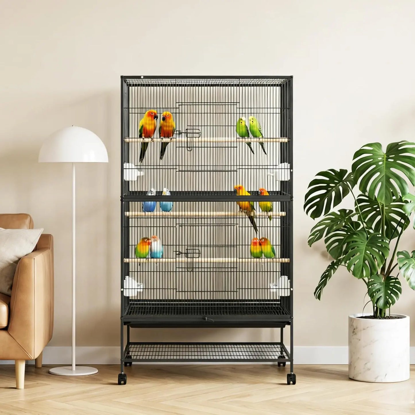 HiMISS Bird Cage With Rolling Storage Stands And Feed Bowls