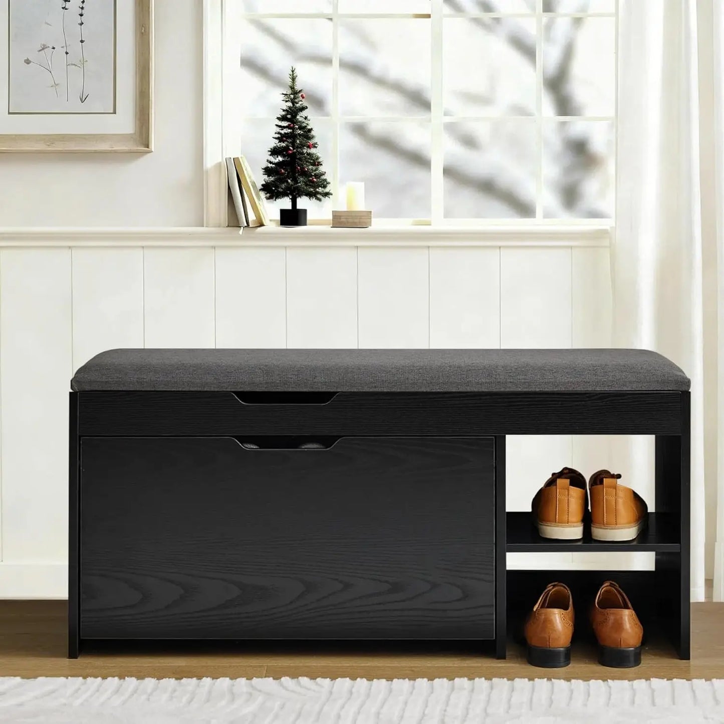 Entryway Shoe Storage Bench With Flip Drawers And Lift Top