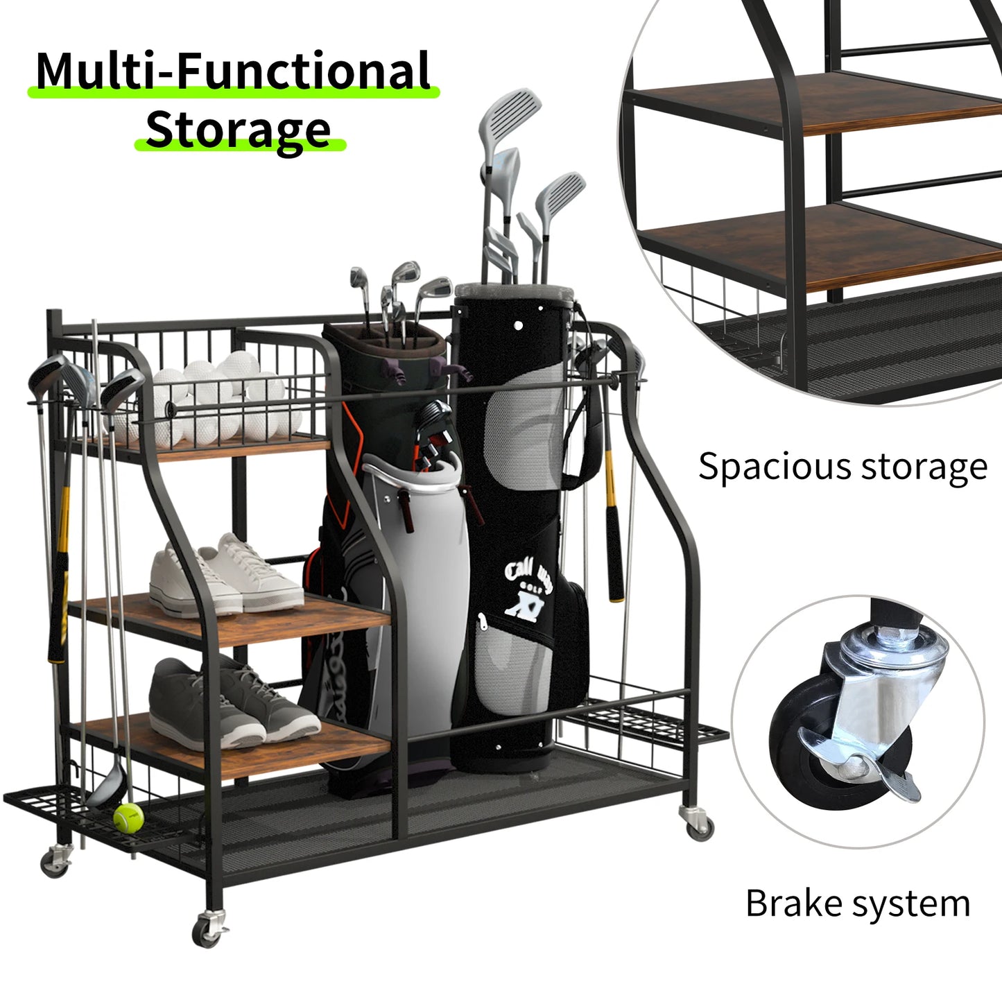 Metal Rolling Golf Bags Storage Rack With Wheels Organizer