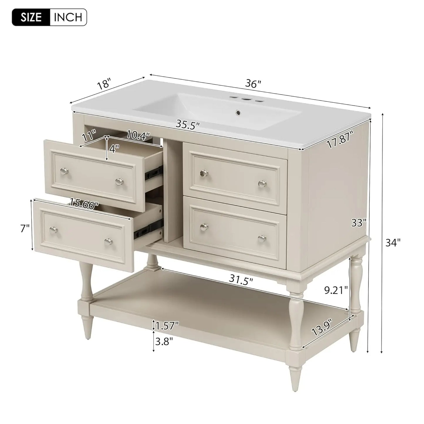 Farmhouse Bathroom Vanity With Sink Four Drawers And Open Shelf