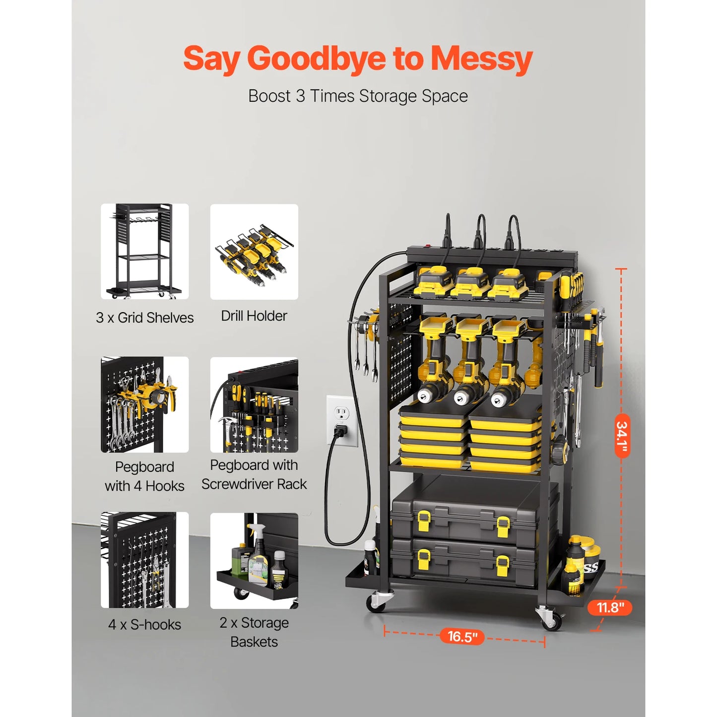 4-Tier Tool Organizer Cart With Charging Station And Outlets