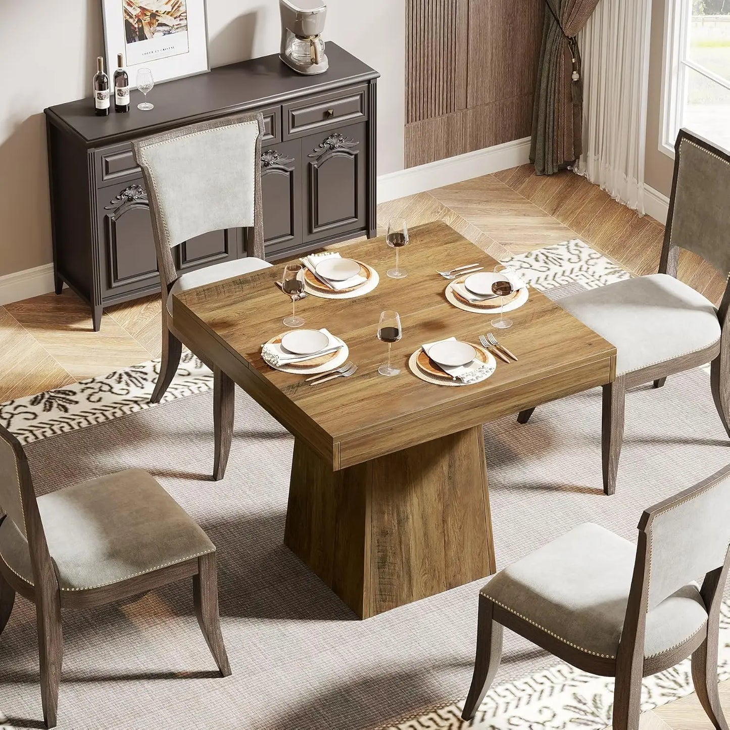 Little Tree Square Dining Table For 4 With Pedestal Base, Farmhouse Kitchen