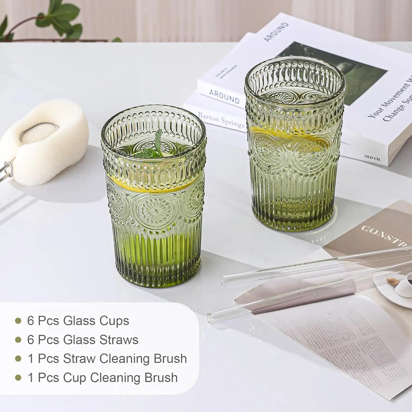 Vintage Textured Flower Glass Tumblers Set of 6 for Water and Cocktails