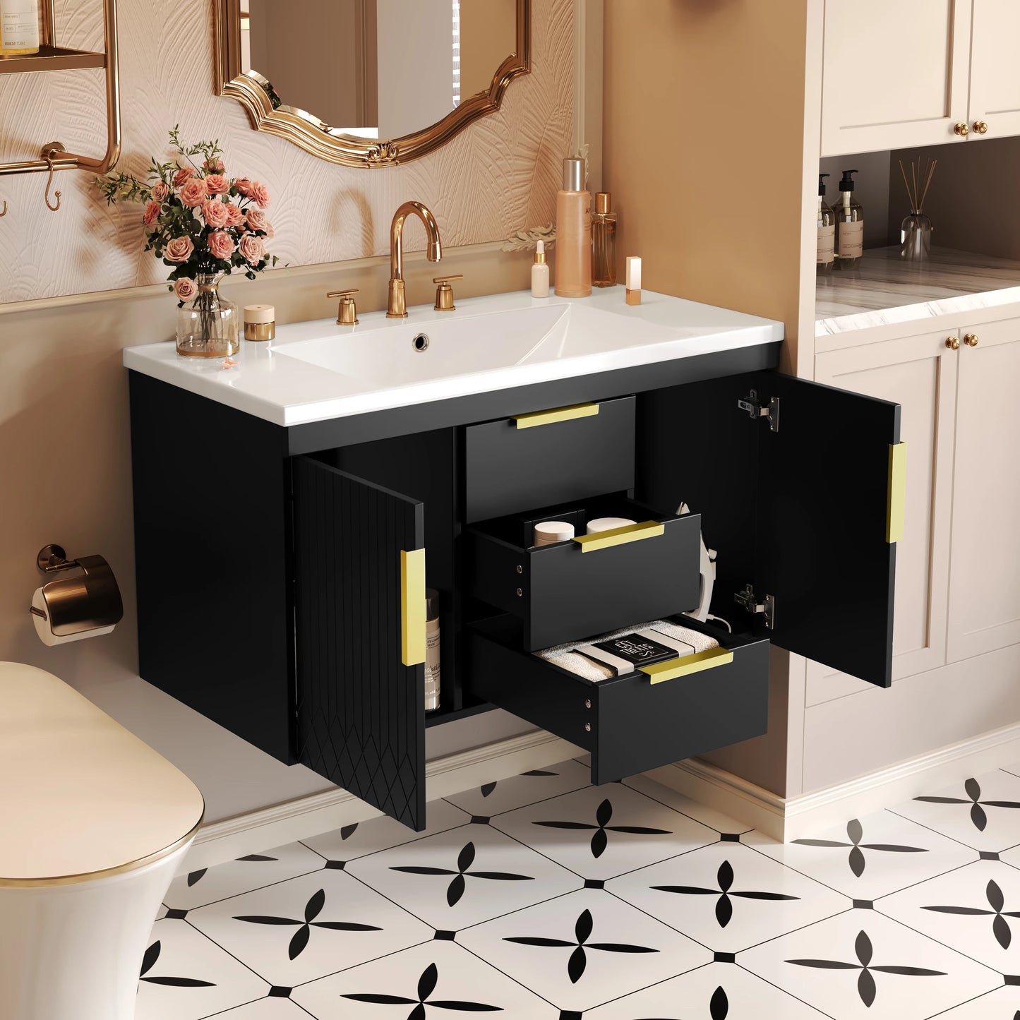 Solid Wood Floating Wall Mounted Bathroom Vanity Without Sink With 2 Drawers