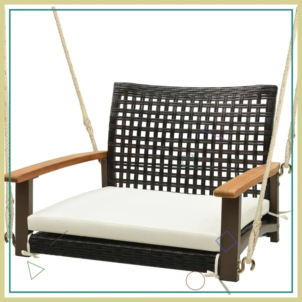 Rattan Porch Swing Chair With Cushion Acacia Wood Armrests Metal Frame Outdoor