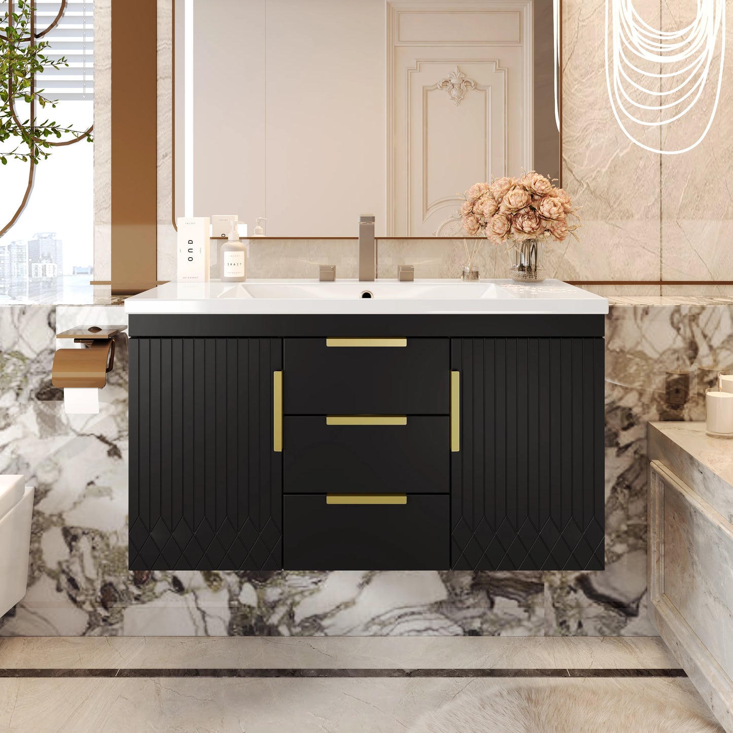 Solid Wood Floating Wall Mounted Bathroom Vanity Without Sink With 2 Drawers