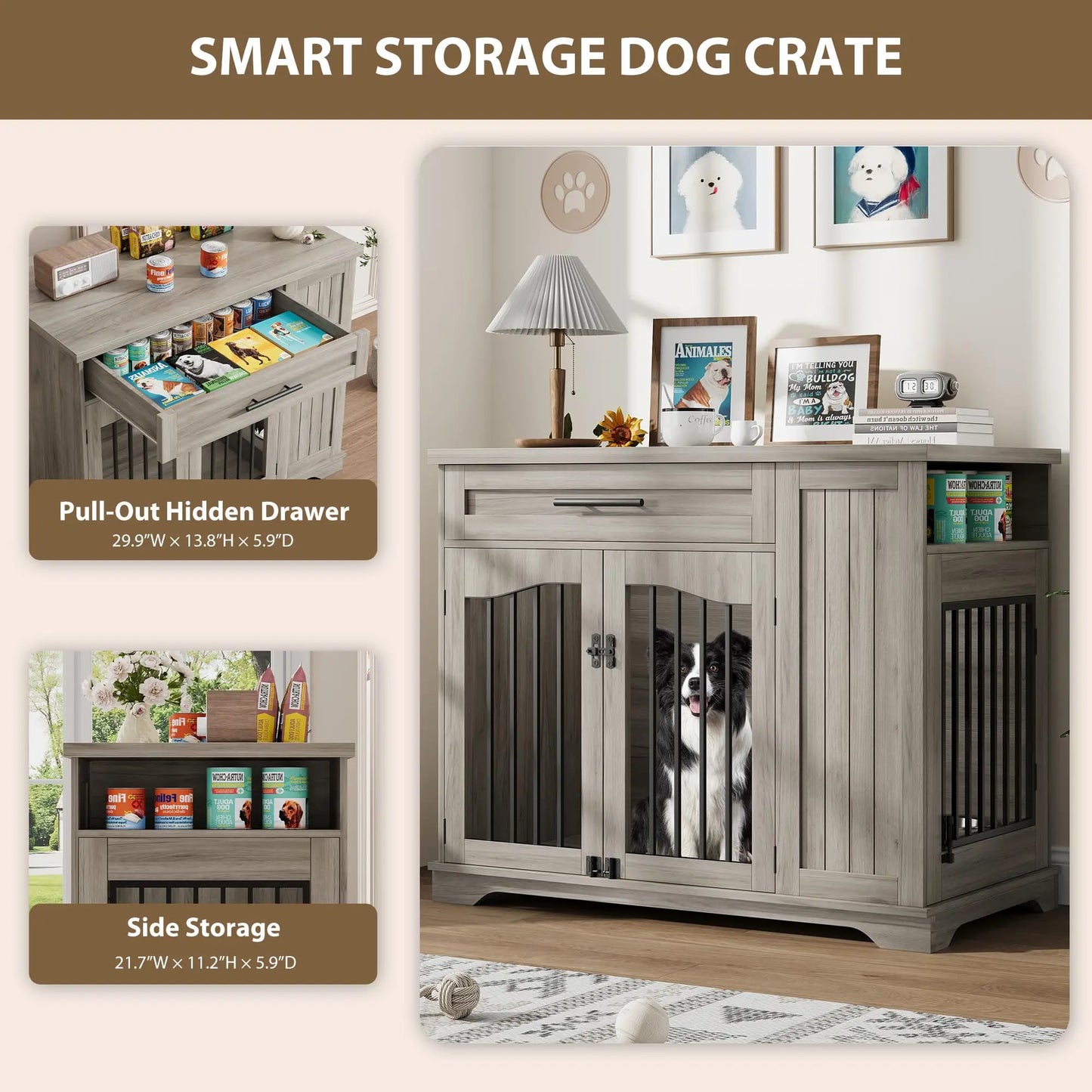 HiMISS Heavy Duty Wooden Dog Crate With Drawer Storage