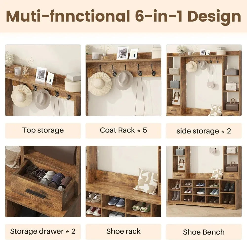 Hall Tree With Bench And Shoe Storage Organizer For Entryway