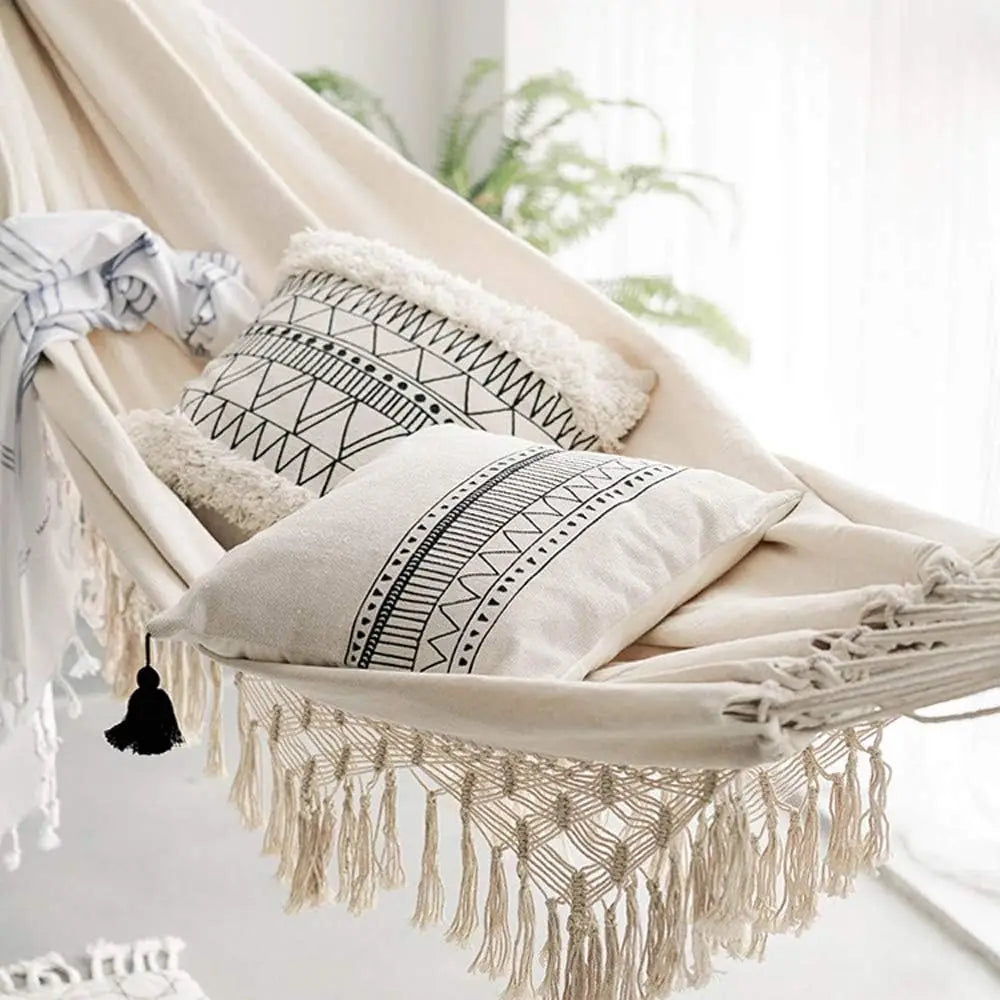 Handmade Cotton Hammock With Crochet Fringe Indoor Outdoor Boho