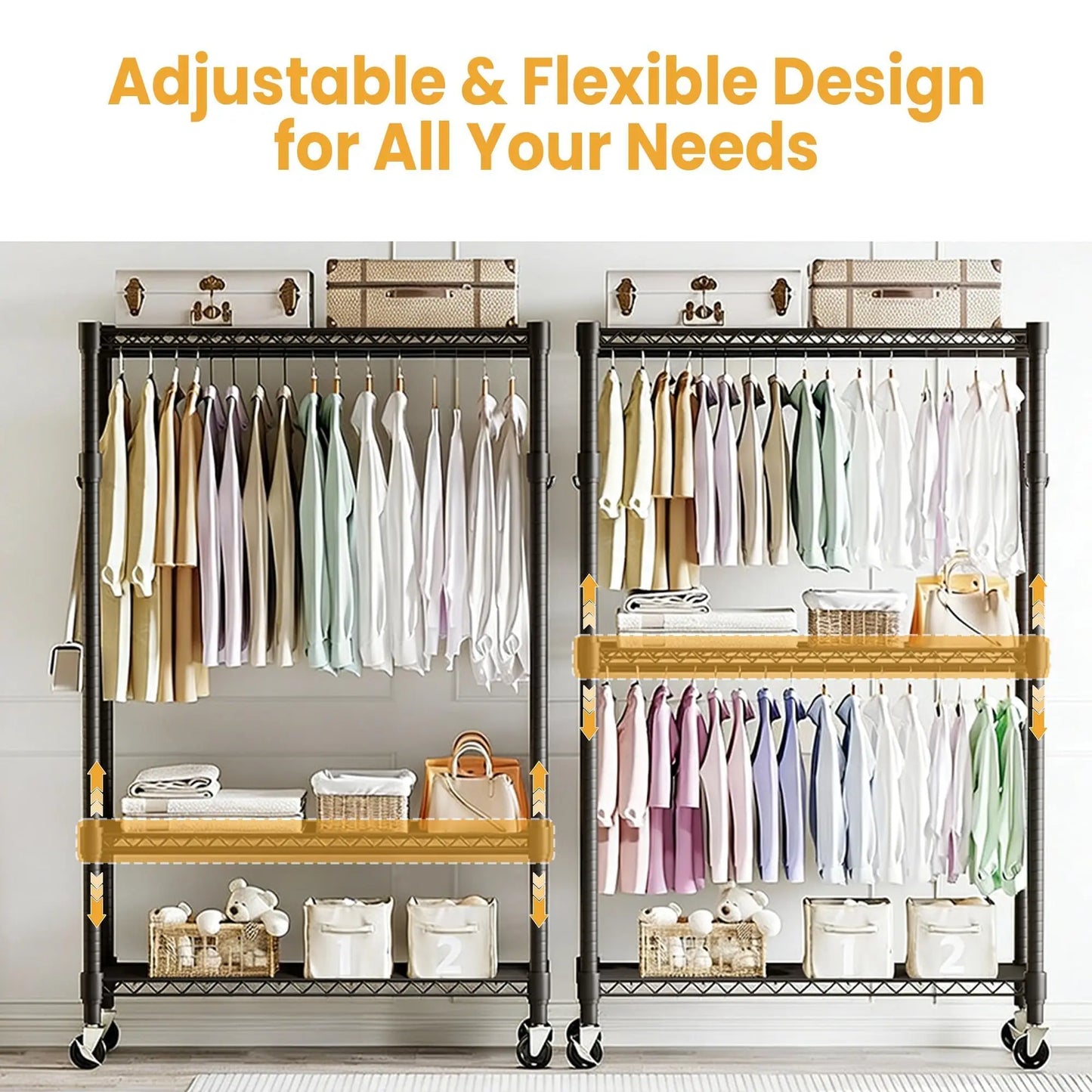 HiMISS 3 Tier Rolling Garment Rack Dual Rods With Wheels