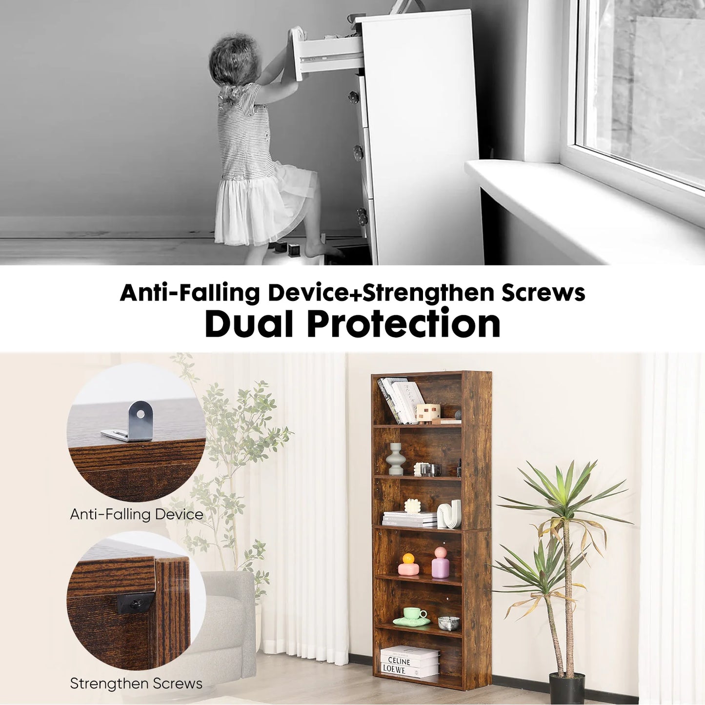 JHK 6-Tier Wooden Bookshelf Floor Standing For Living Room