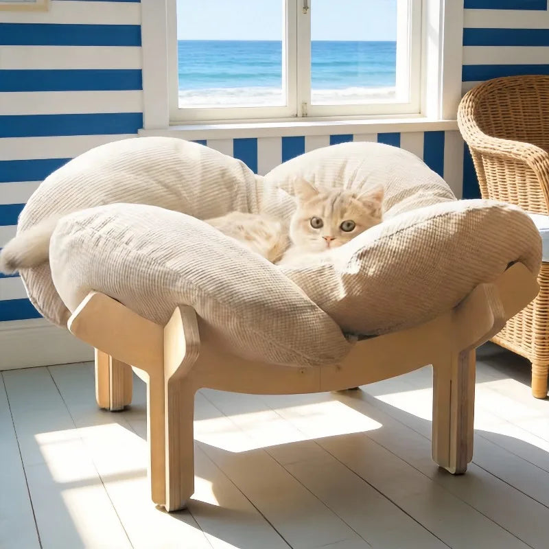 Wooden High Leg Cat Bed With Soft Cushion For Cats And Small Dogs