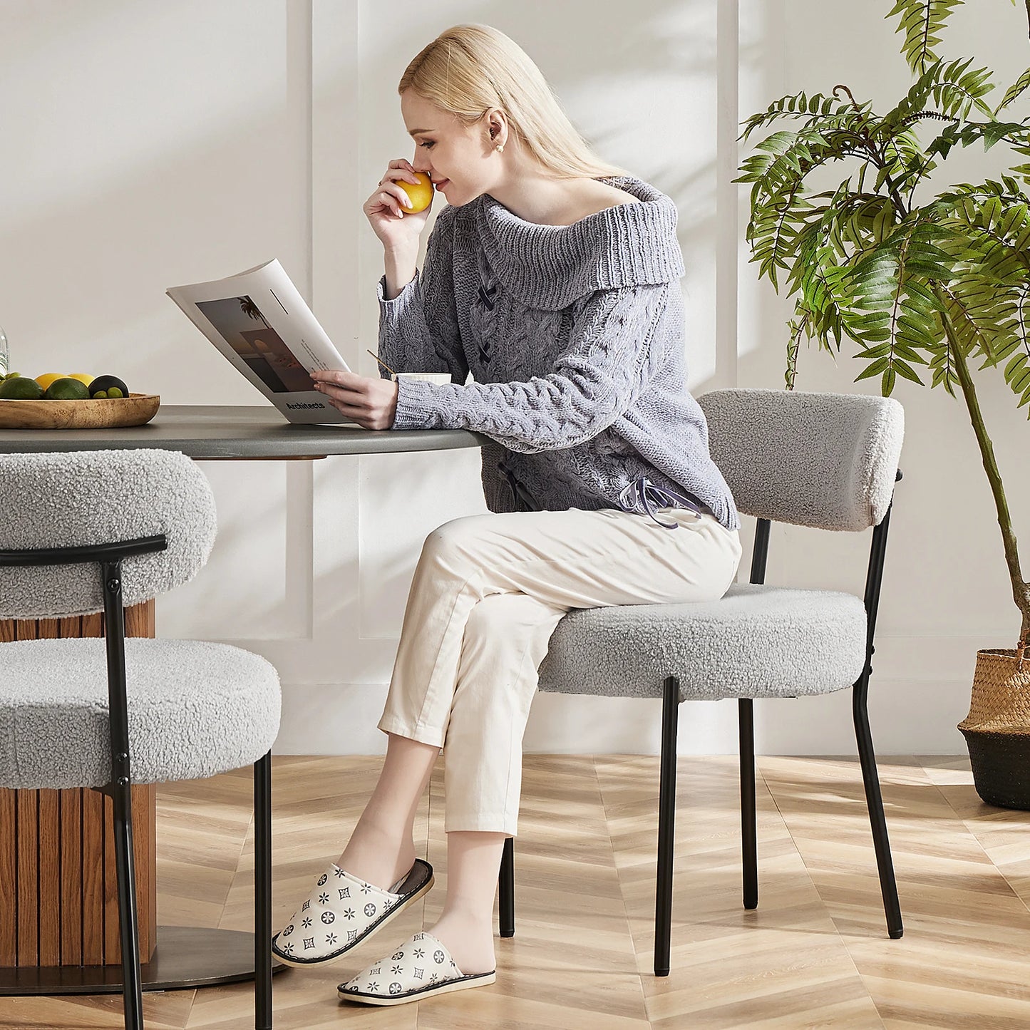 JHK Ergonomic Round Dining Chairs, Set Of 2, Plush Fabric