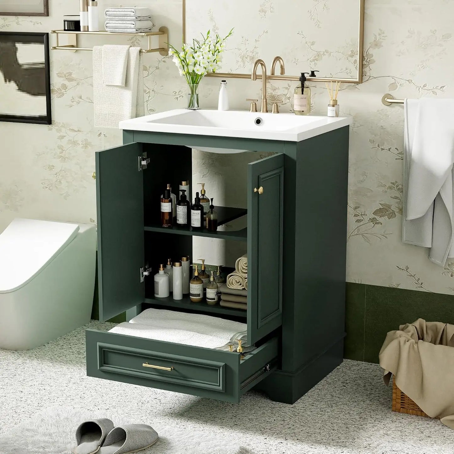 Wood Bathroom Vanity Cabinet With Ceramic Sink And Adjustable Shelf