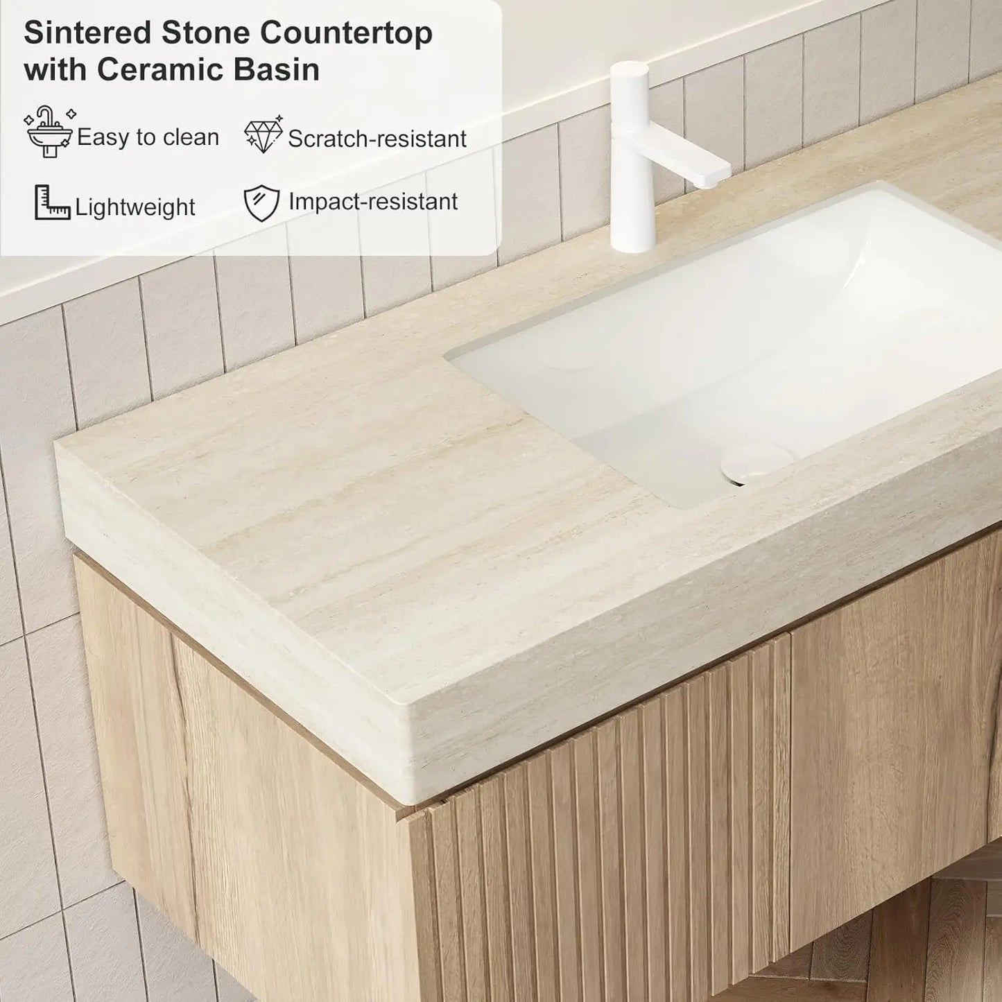 Wall Mounted Bathroom Vanity With Ceramic Basin And Travertine Countertop