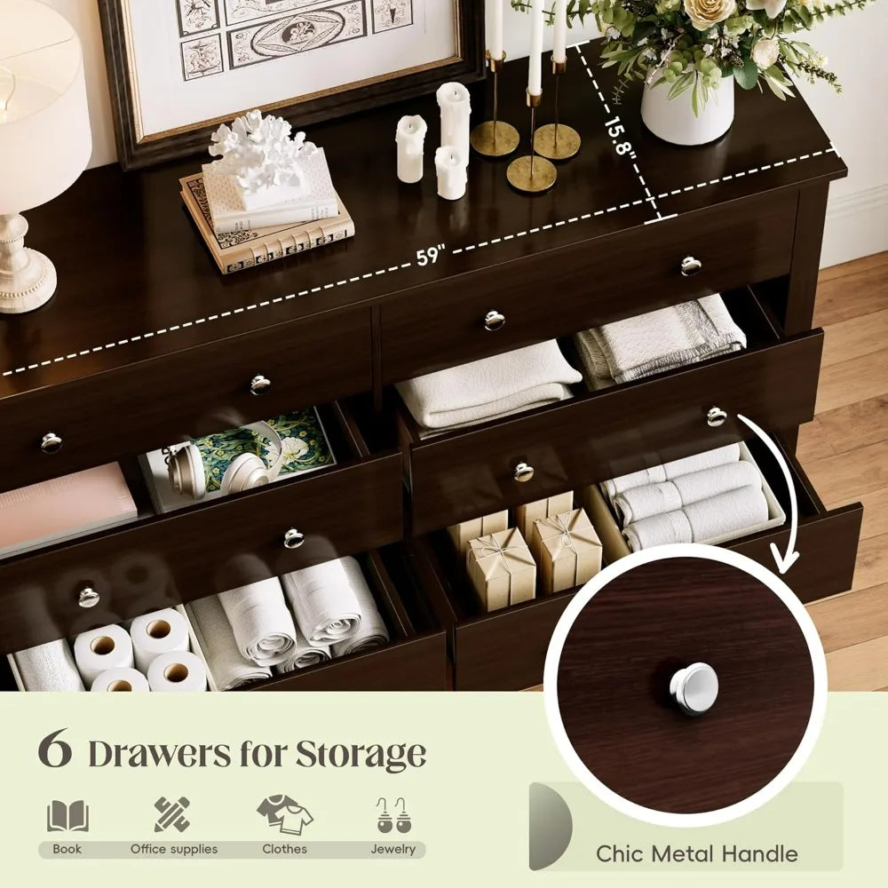 Six Drawer Dresser For Bedroom With Modern Design Storage