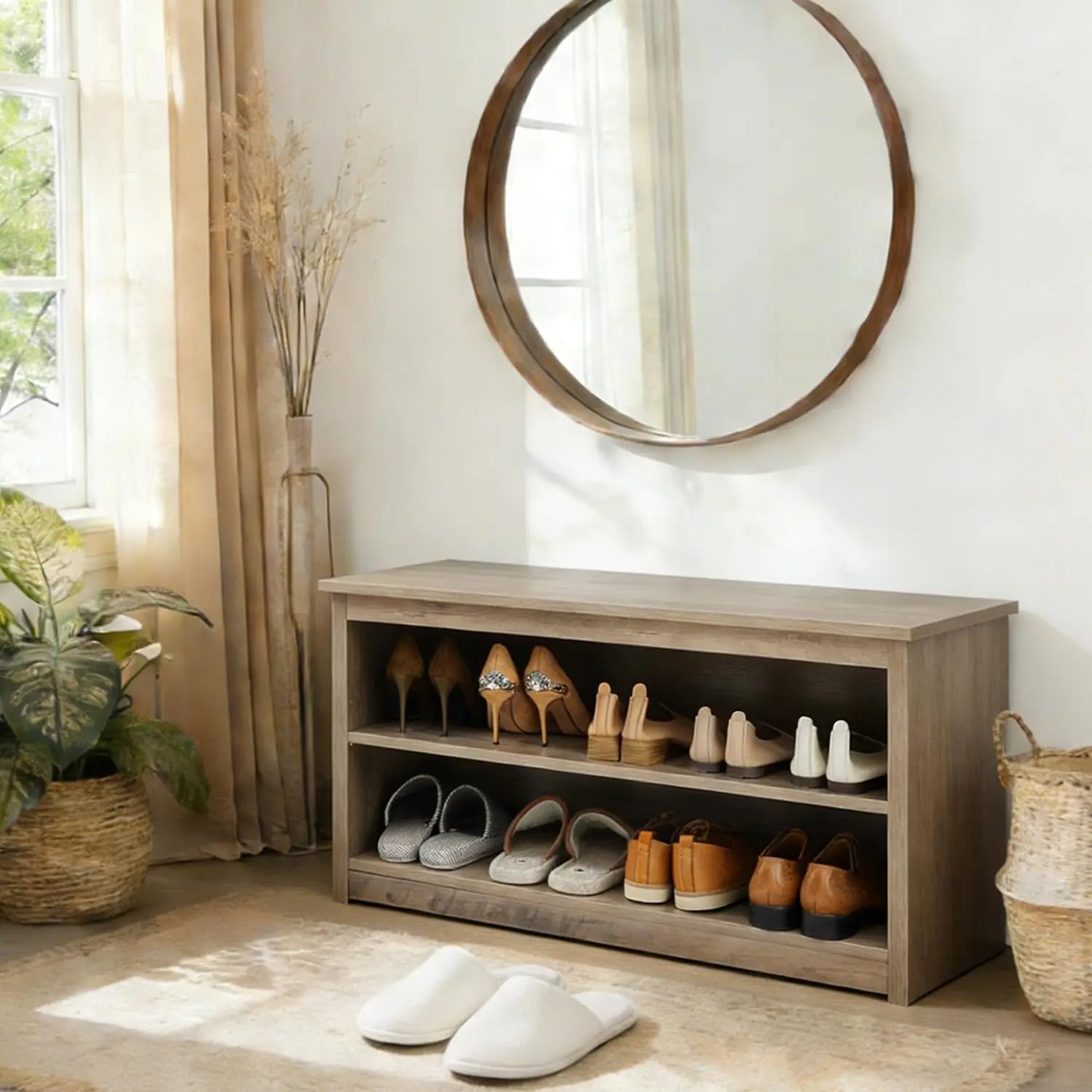 Entryway Shoe Storage Bench With Flip Drawers And Lift Top